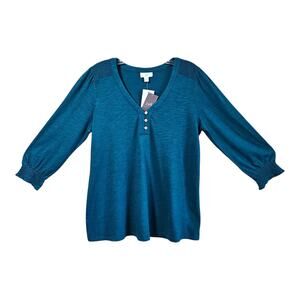 J JILL Petite S PS Henley Blouse Top Oceanside Dark Teal Smocked Trim 36" NEW